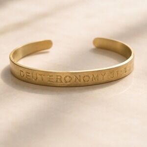 Gold Tone Metal Cuff Bracelet Engraved Deuteronomy 31:8 Adjustable